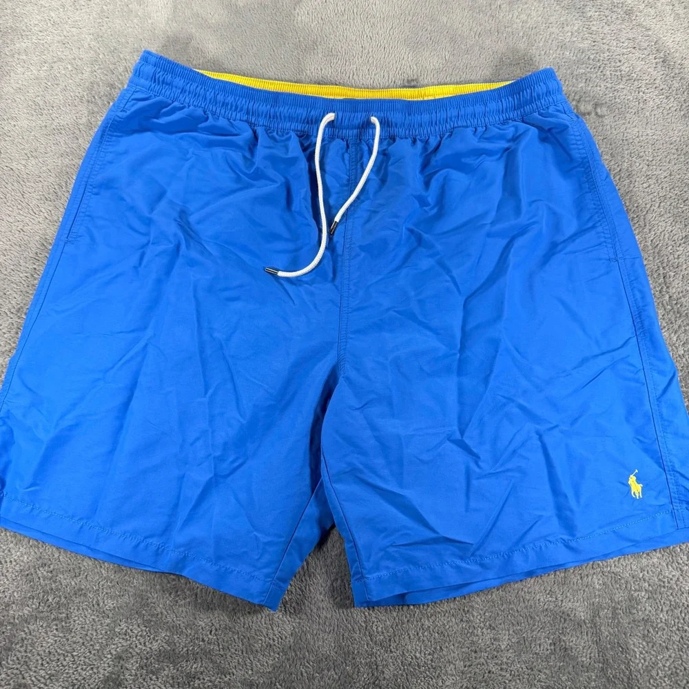 Polo Ralph Lauren Mens Swim Trunks Blue Yellow Pony Mesh Lined Board Shorts XL